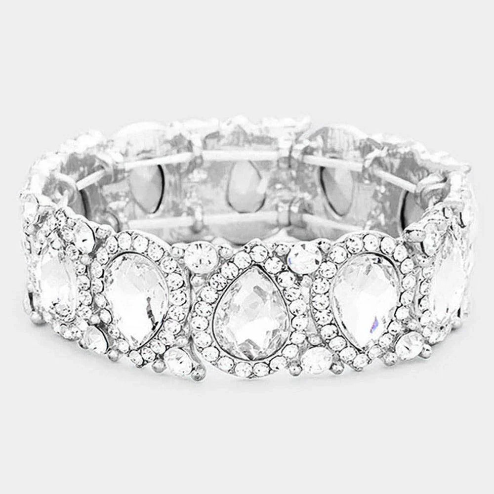 Silver Teardrop Rhinestone Trim Stretch Evening Bracelet