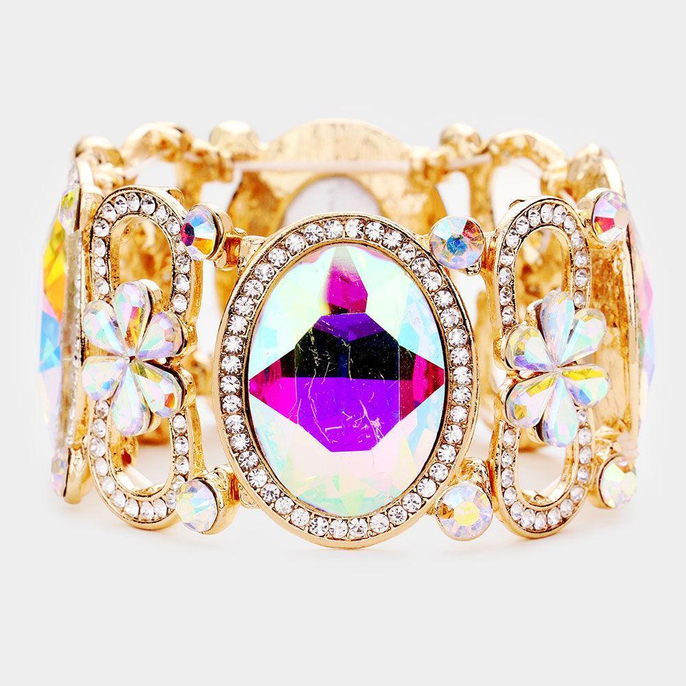 Gold Oval Stone Accented Flower Stretch Evening Bracelet - Jewelry Store by Erik Rayo