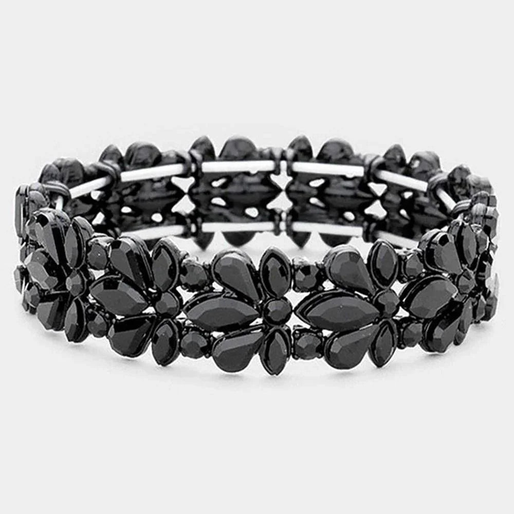 Black Floral Crystal Stretch Evening Bracelet - Jewelry Store by Erik Rayo