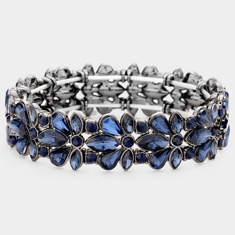 Blue Floral Crystal Stretch Evening Bracelet - Jewelry Store by Erik Rayo