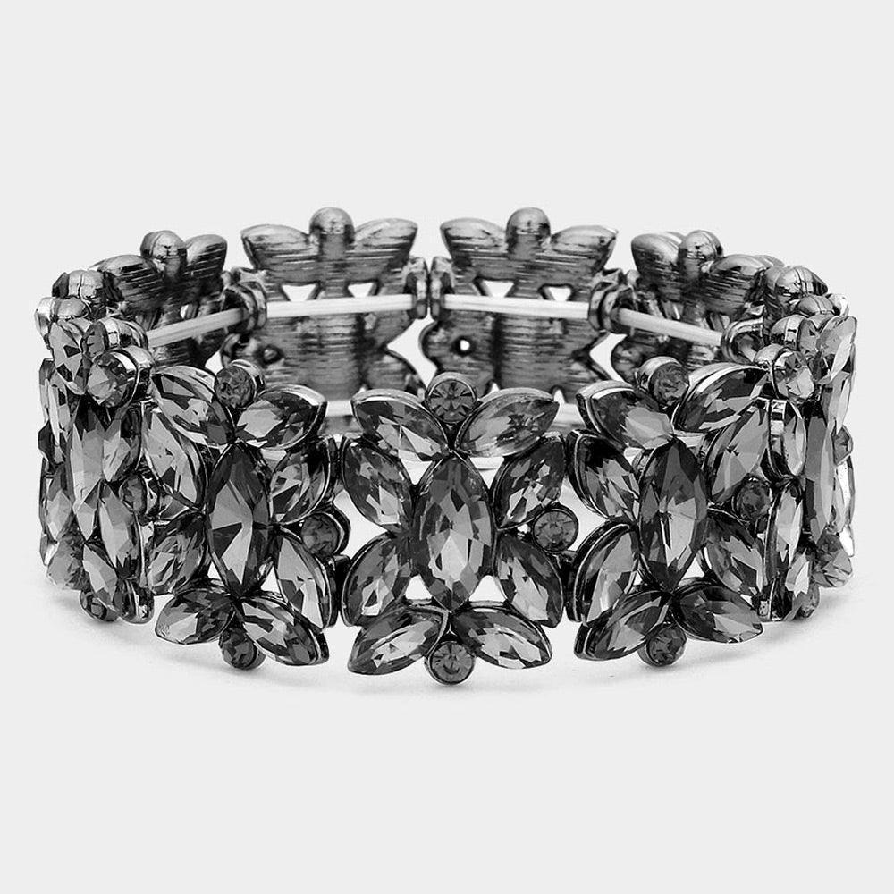 Black Marquise Floral Oval Crystal Cluster Stretch Evening Bracelet - Jewelry Store by Erik Rayo