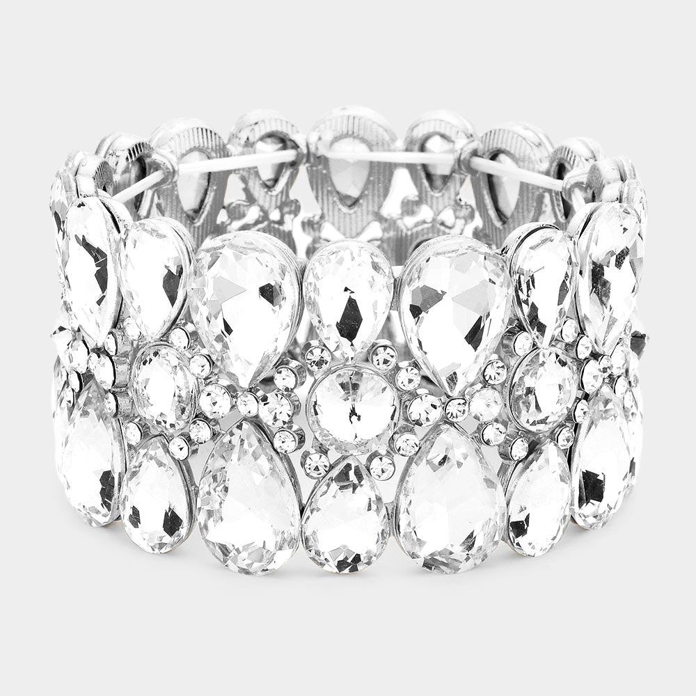 Silver Pear Crystal Floral Rhinestone Stretch Evening Bracelet