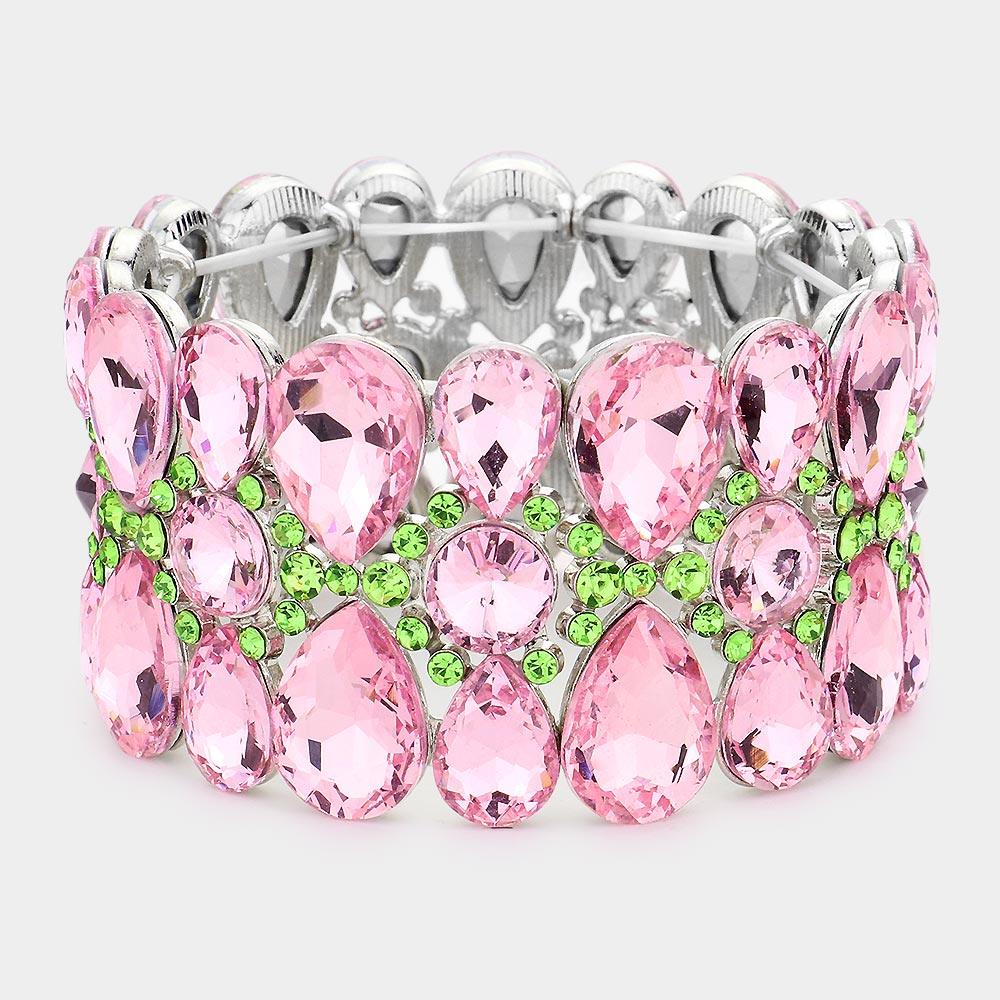 Pink Pear Crystal Floral Rhinestone Stretch Evening Bracelet