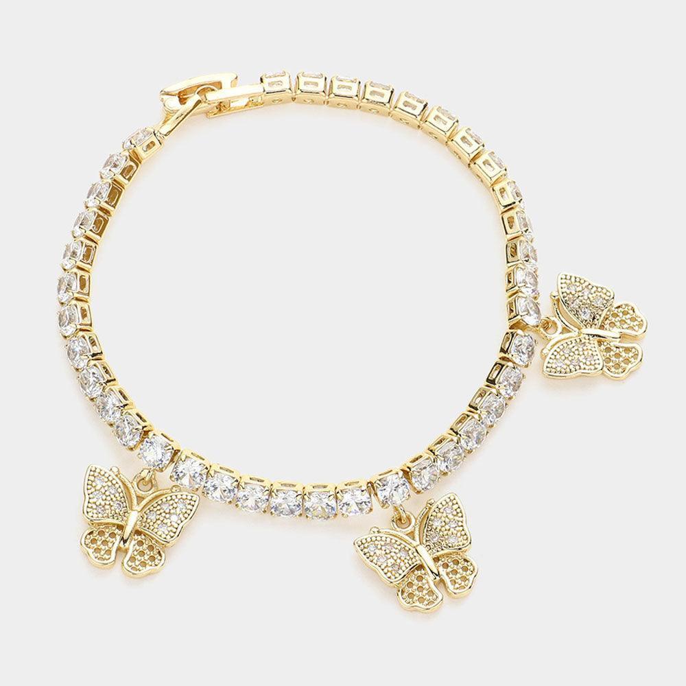 Gold CZ Embellished Triple Butterfly Charm Tennis Evening Bracelet - Jewelry Store by Erik Rayo