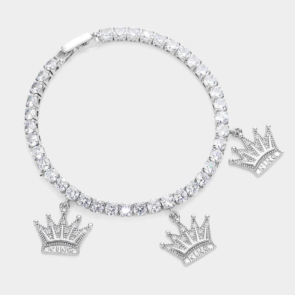 CZ Embellished King Message Triple Crown Charm Tennis Evening Bracelet - Jewelry Store by Erik Rayo
