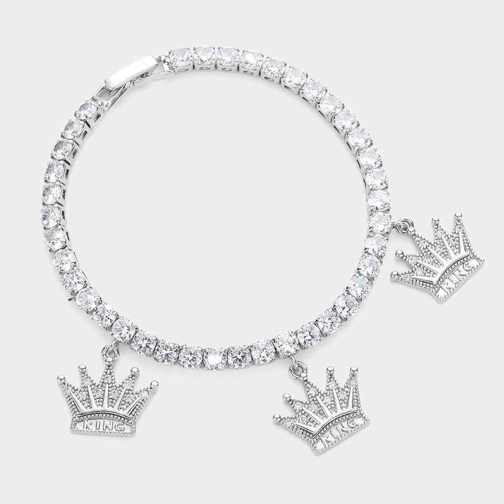 CZ Embellished King Message Triple Crown Charm Tennis Evening Bracelet