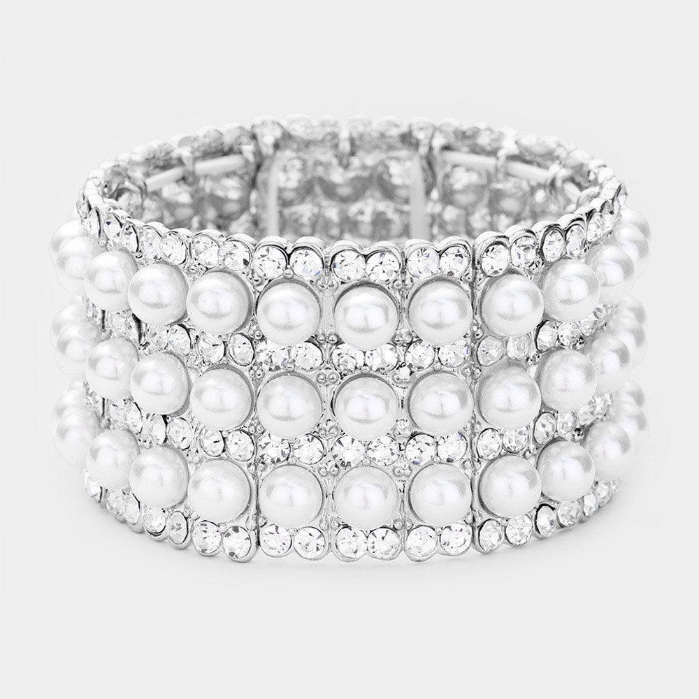 Clear Pearl Rhinestone Crystal Stretch Evening Bracelet - Jewelry Store by Erik Rayo