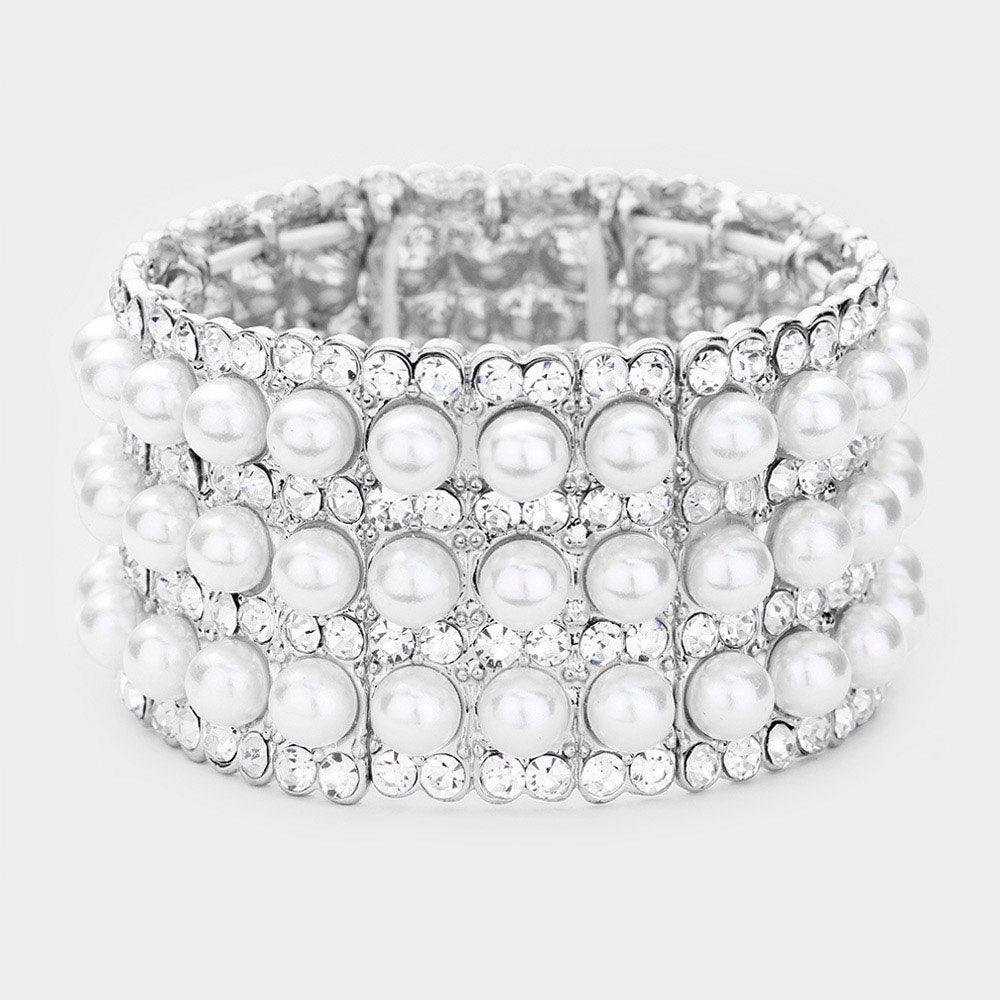 Clear Pearl Rhinestone Crystal Stretch Evening Bracelet