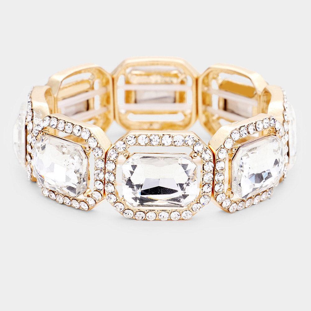 Clear Rectangle Crystal Rhinestone Pave Stretch Evening Bracelet - Jewelry Store by Erik Rayo