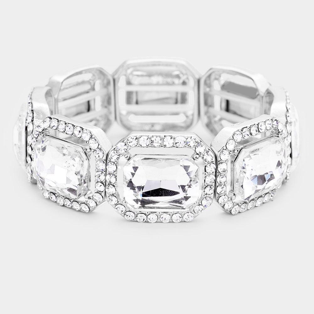 Clear Rectangle Crystal Rhinestone Pave Stretch Evening Bracelet