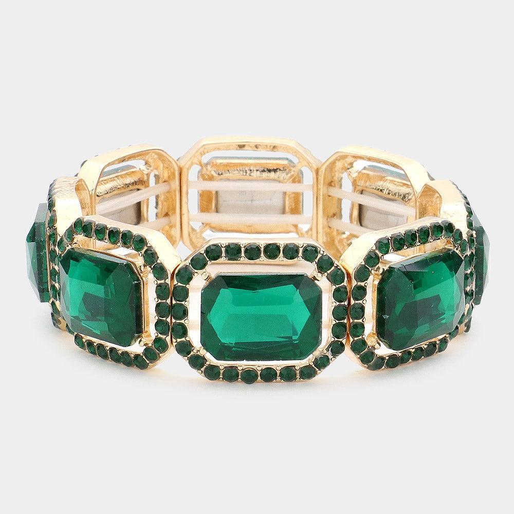 Green Rectangle Crystal Rhinestone Pave Stretch Evening Bracelet - Jewelry Store by Erik Rayo
