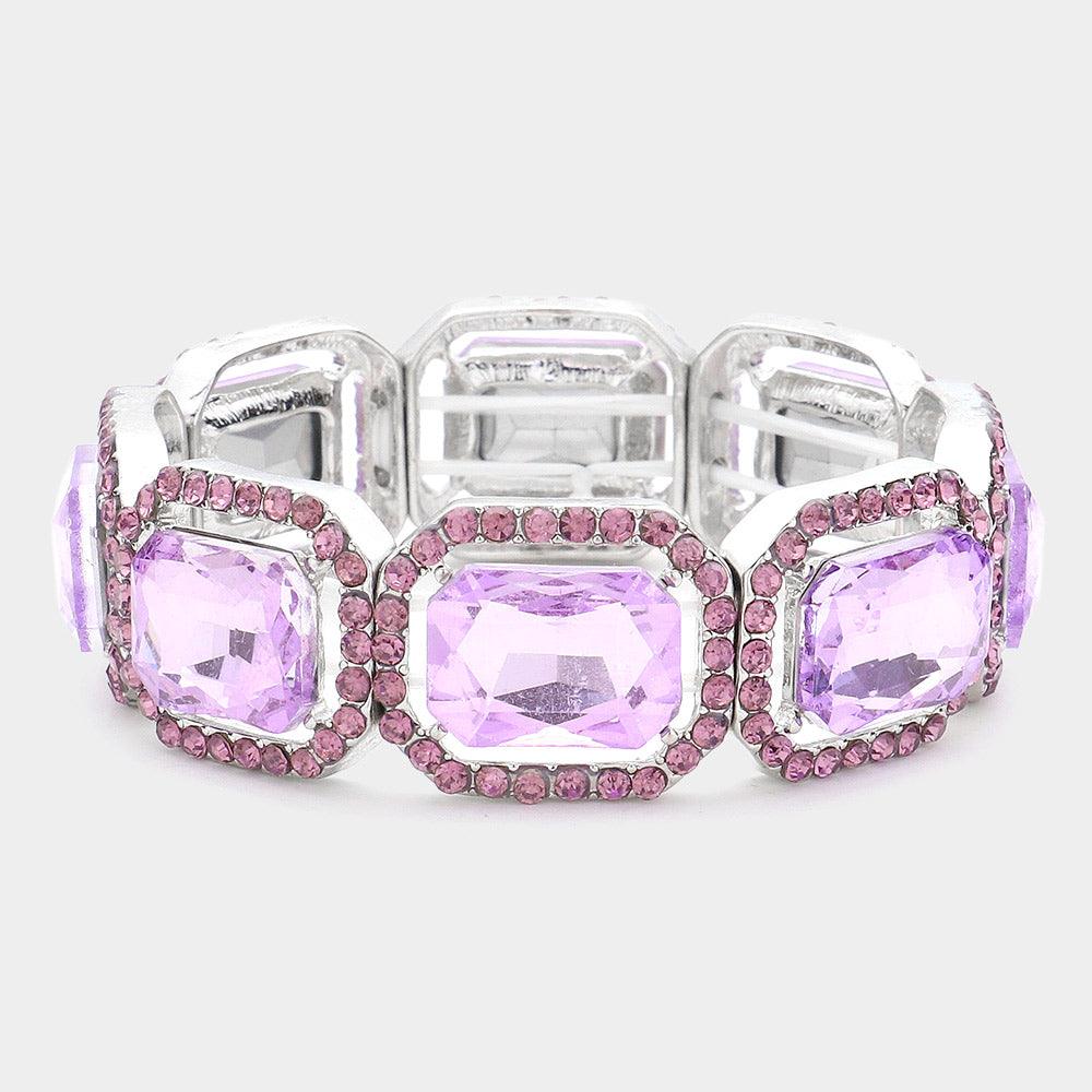 Lavender Rectangle Crystal Rhinestone Pave Stretch Evening Bracelet