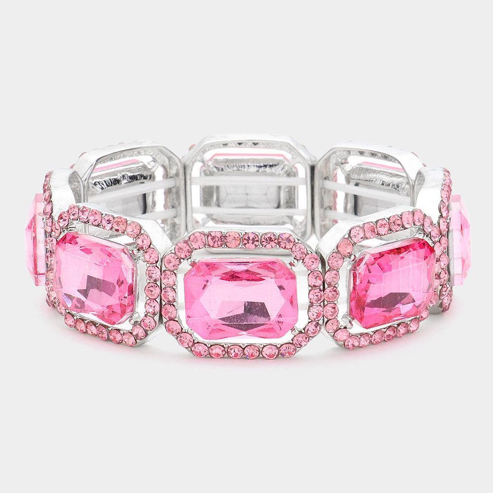 Pink Rectangle Crystal Rhinestone Pave Stretch Evening Bracelet - Jewelry Store by Erik Rayo