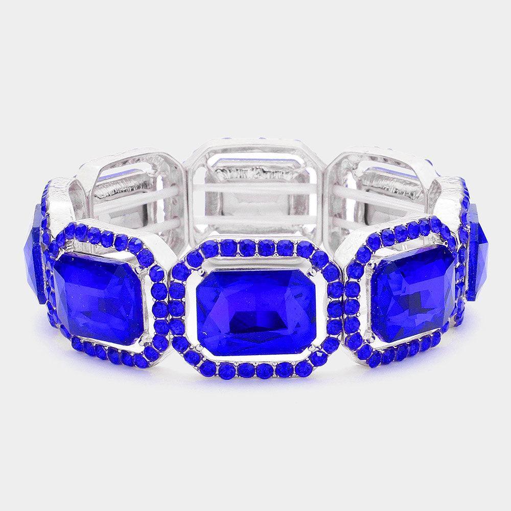 Blue Rectangle Crystal Rhinestone Pave Stretch Evening Bracelet - Jewelry Store by Erik Rayo