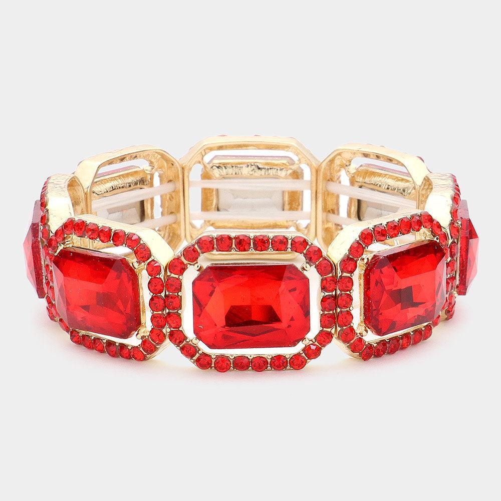 Red Rectangle Crystal Rhinestone Pave Stretch Evening Bracelet - Jewelry Store by Erik Rayo