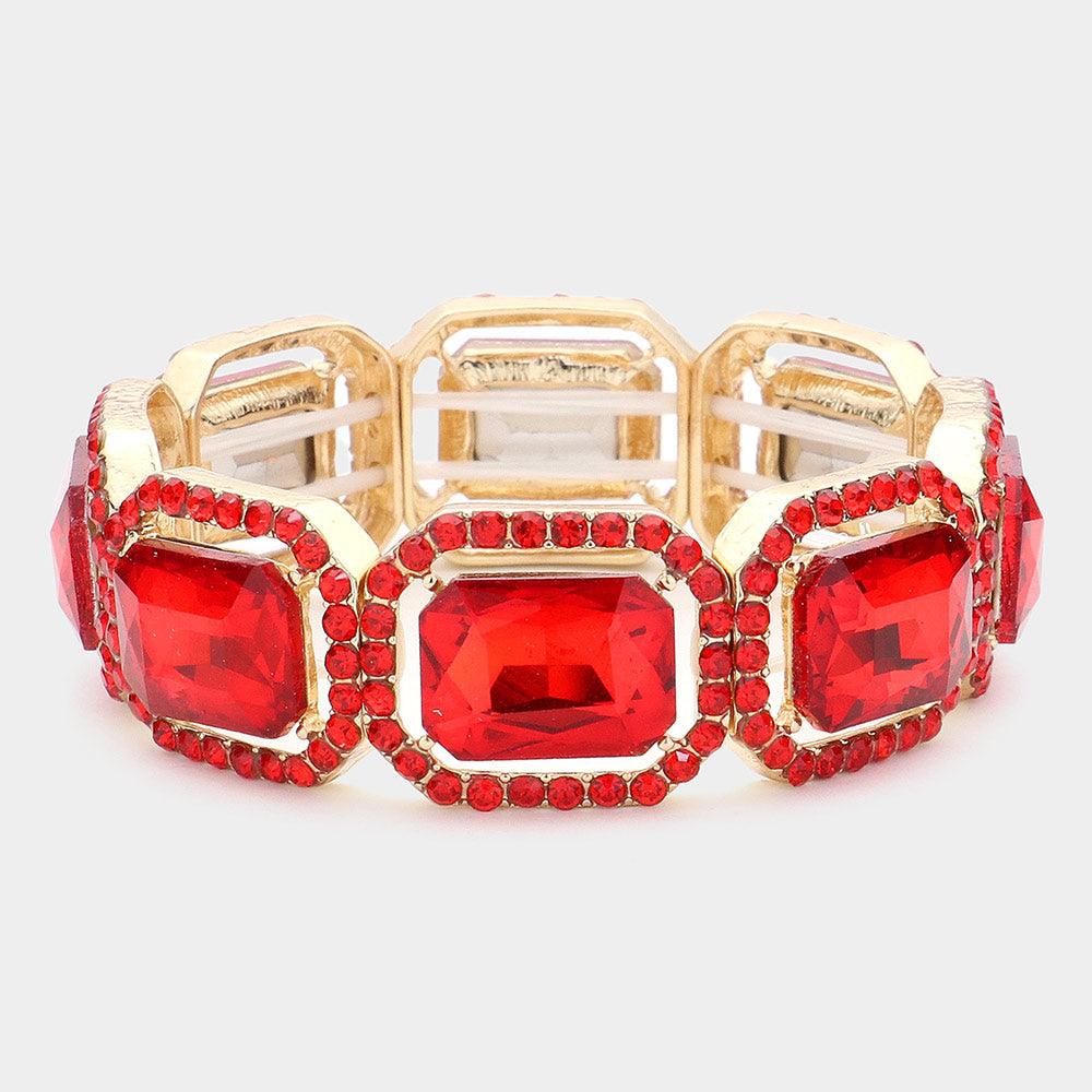 Red Rectangle Crystal Rhinestone Pave Stretch Evening Bracelet