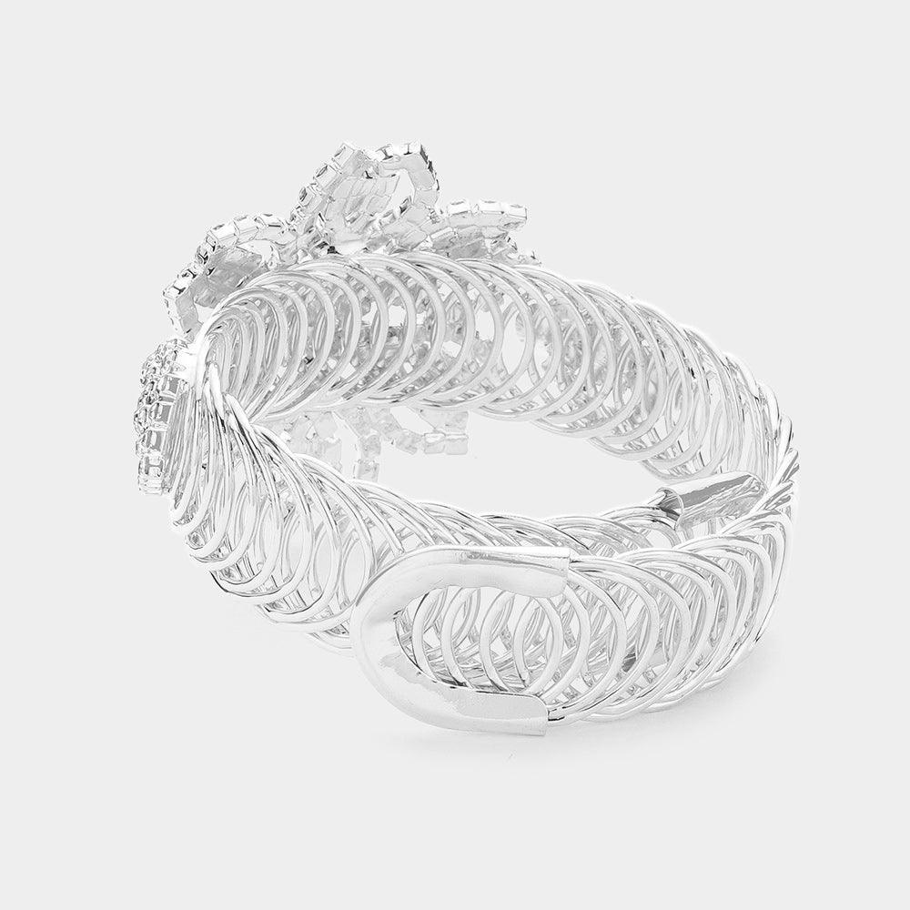 Silver Rhinestone Paved Flower Evening Adjustable Bracelet - Jewelry Store by Erik Rayo