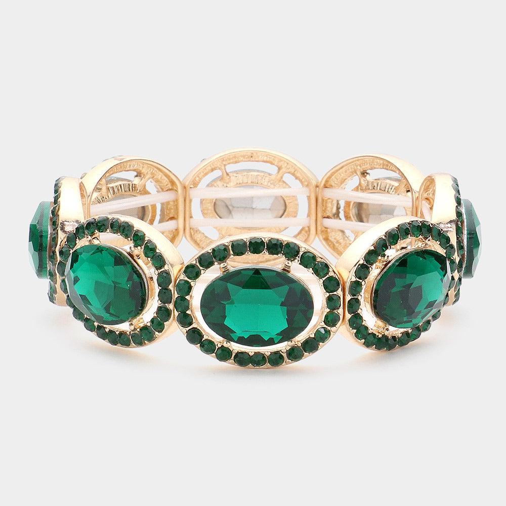 Green Crystal Rhinestone Oval Stretch Evening Bracelet