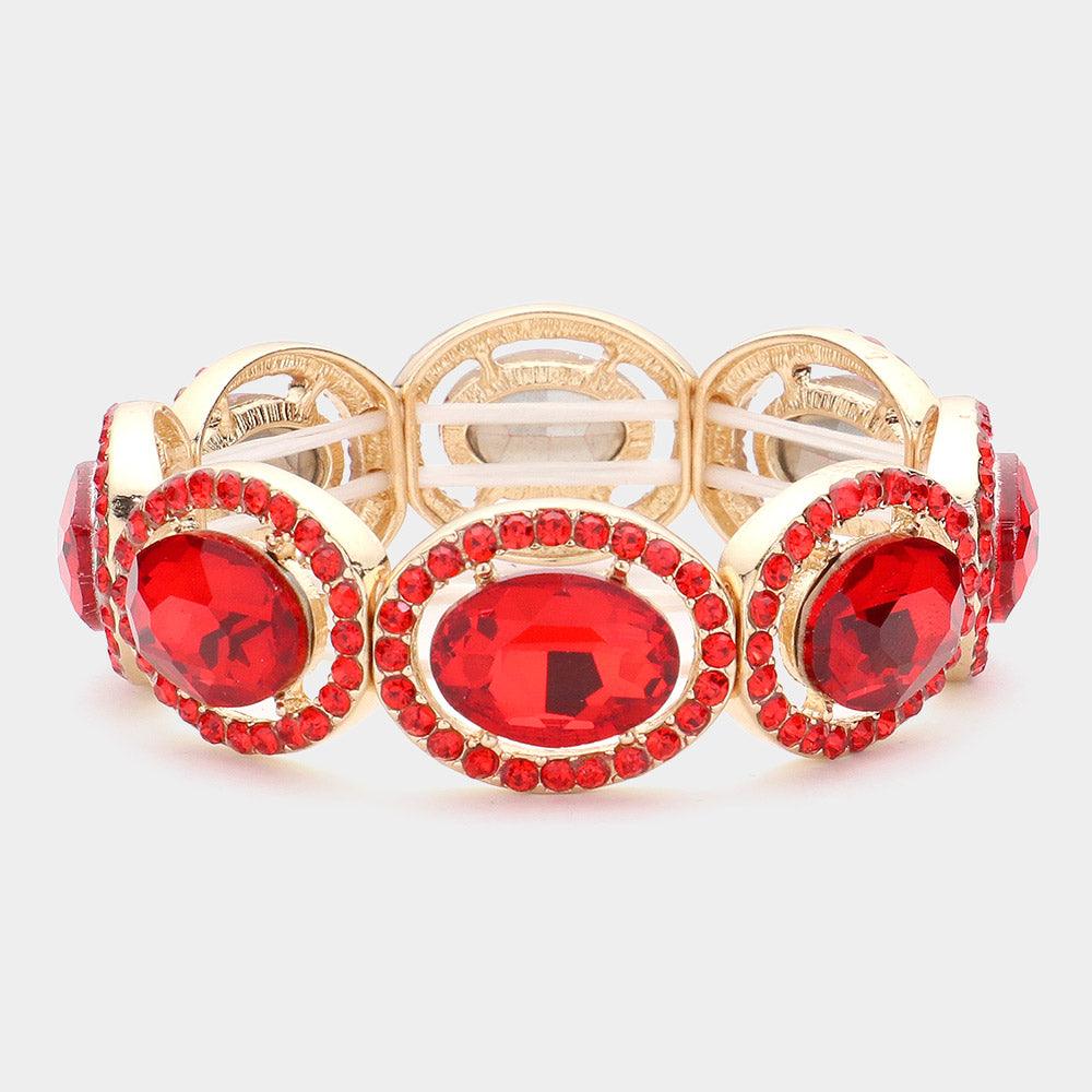 Red Crystal Rhinestone Oval Stretch Evening Bracelet