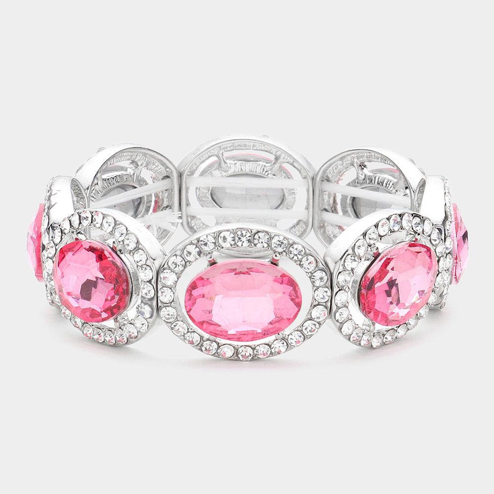 Pink Crystal Rhinestone Oval Stretch Evening Bracelet