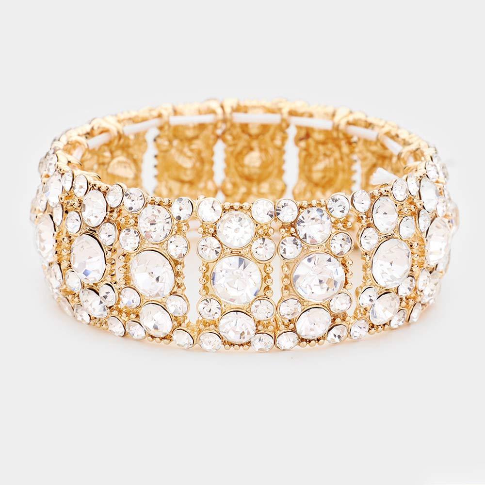 Gold Round Rhinestone Pave Evening Stretch Bracelet