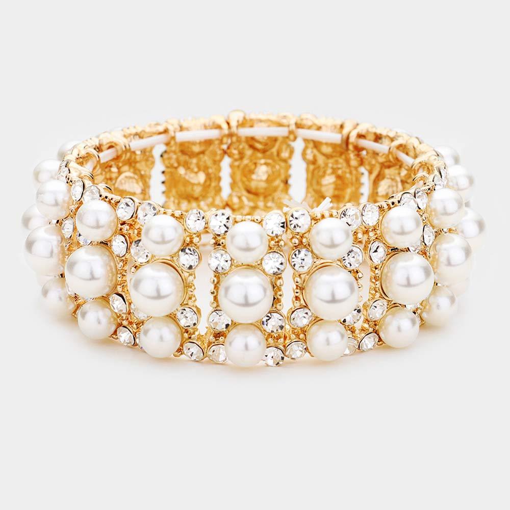 Gold Pearl Rhinestone Pave Evening Stretch Bracelet