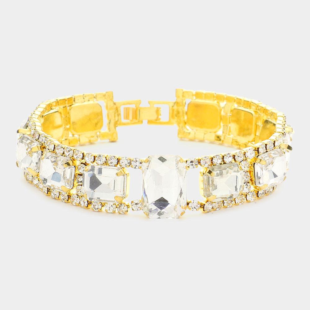 Gold Smoothed Square Rhinestone Evening Bracelet