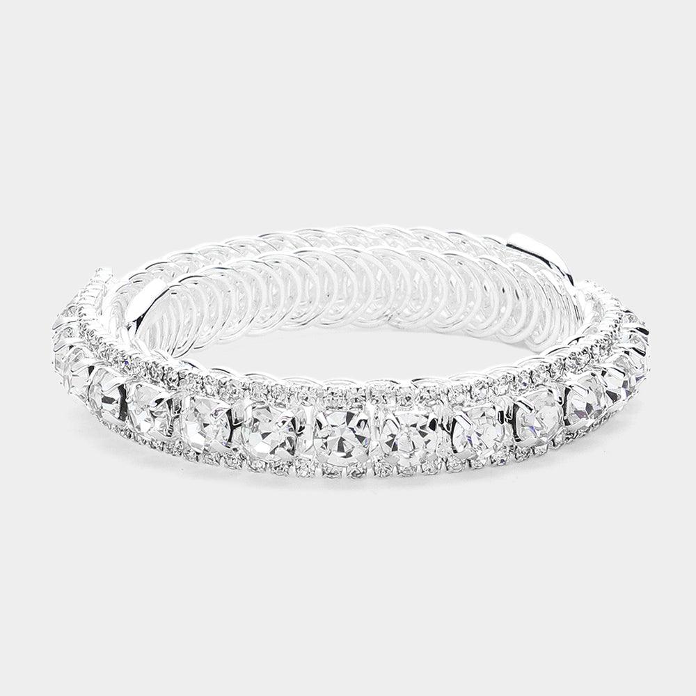 Silver Round Stone Pointed Rhinestone Paved Adjustable Evening Bracelet