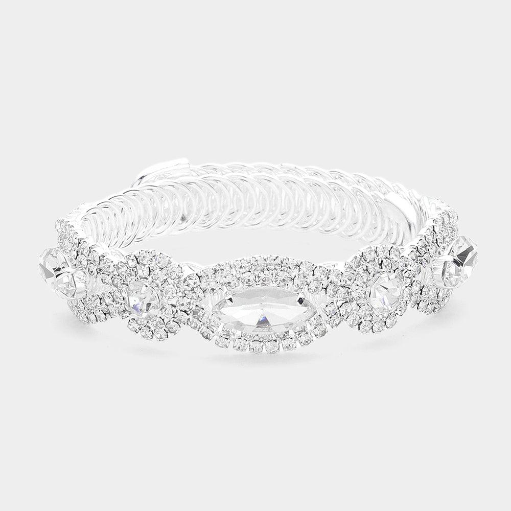 Silver Marquise Stone Pointed Rhinestone Paved Adjustable Evening Bracelet