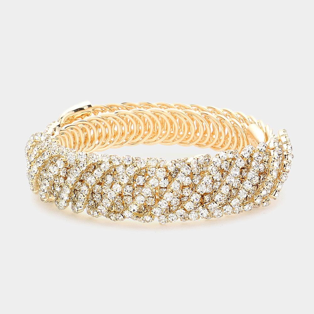 Gold Rhinestone Paved Adjustable Evening Bracelet