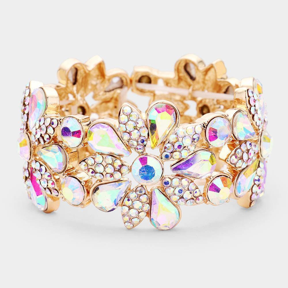 Gold Teardrop Stone Accented  Flower Stretch Evening Bracelet