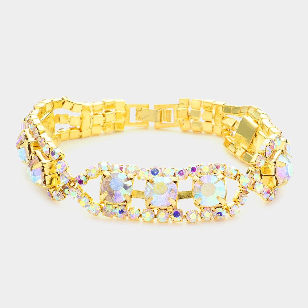 Gold Round Glass Crystal Rhinestone Evening Bracelet