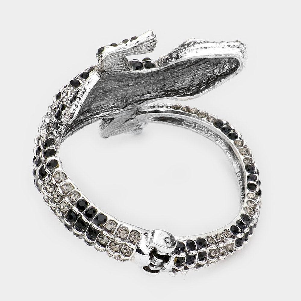 Hematite Crystal Rhinestone Crocodile/Alligator Embellished Evening Hinged Bracelet - Jewelry Store by Erik Rayo