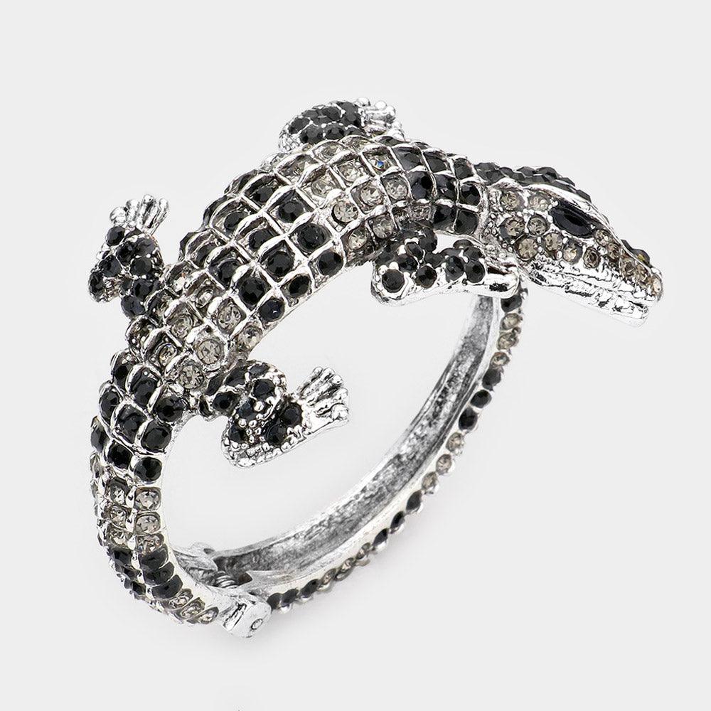 Hematite Crystal Rhinestone Crocodile/Alligator Embellished Evening Hinged Bracelet