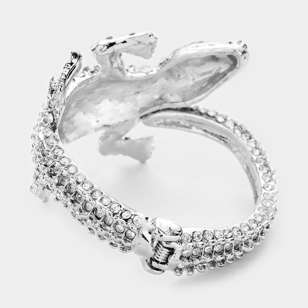 Silver Crystal Rhinestone Crocodile/Alligator Embellished Evening Hinged Bracelet - Jewelry Store by Erik Rayo