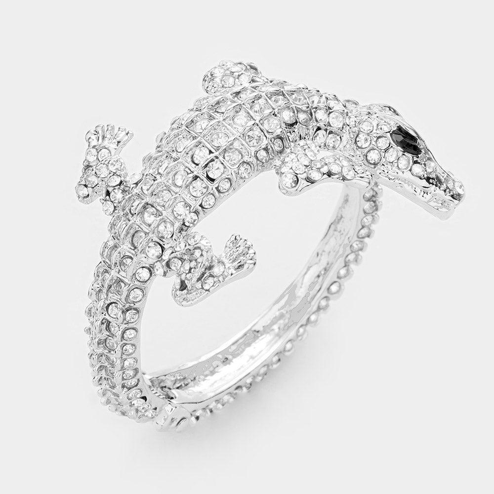 Silver Crystal Rhinestone Crocodile/Alligator Embellished Evening Hinged Bracelet - Jewelry Store by Erik Rayo