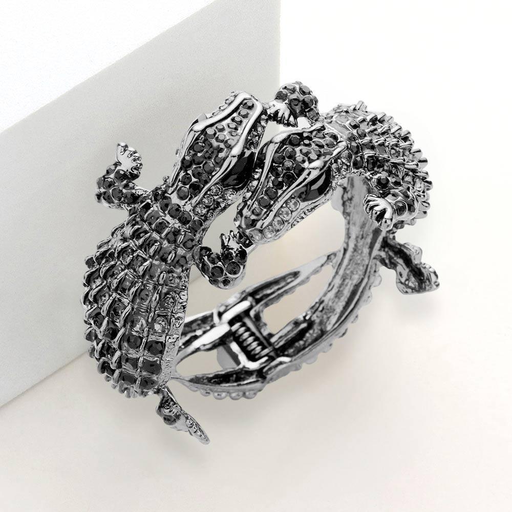 Black Crystal Rhinestone Double Crocodile/Alligator Evening Hinged Bracelet - Jewelry Store by Erik Rayo