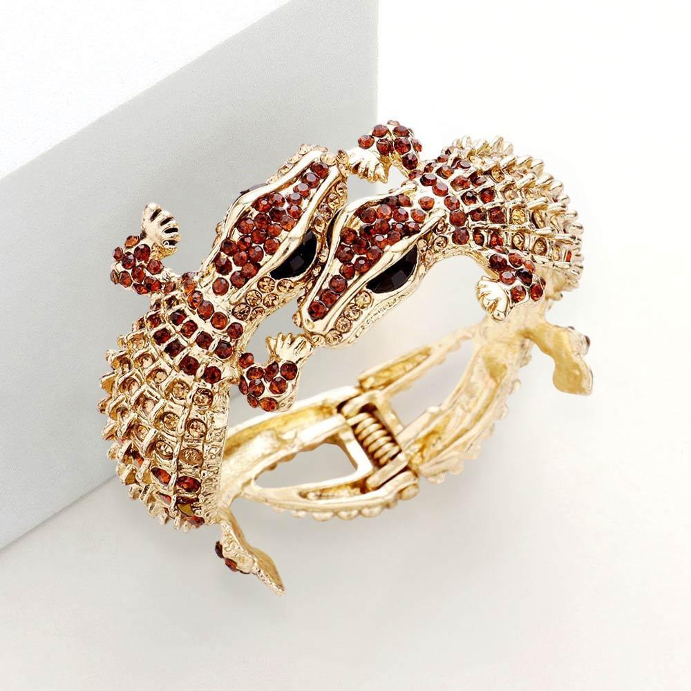 Brown Crystal Rhinestone Double Crocodile/Alligator Evening Hinged Bracelet - Jewelry Store by Erik Rayo