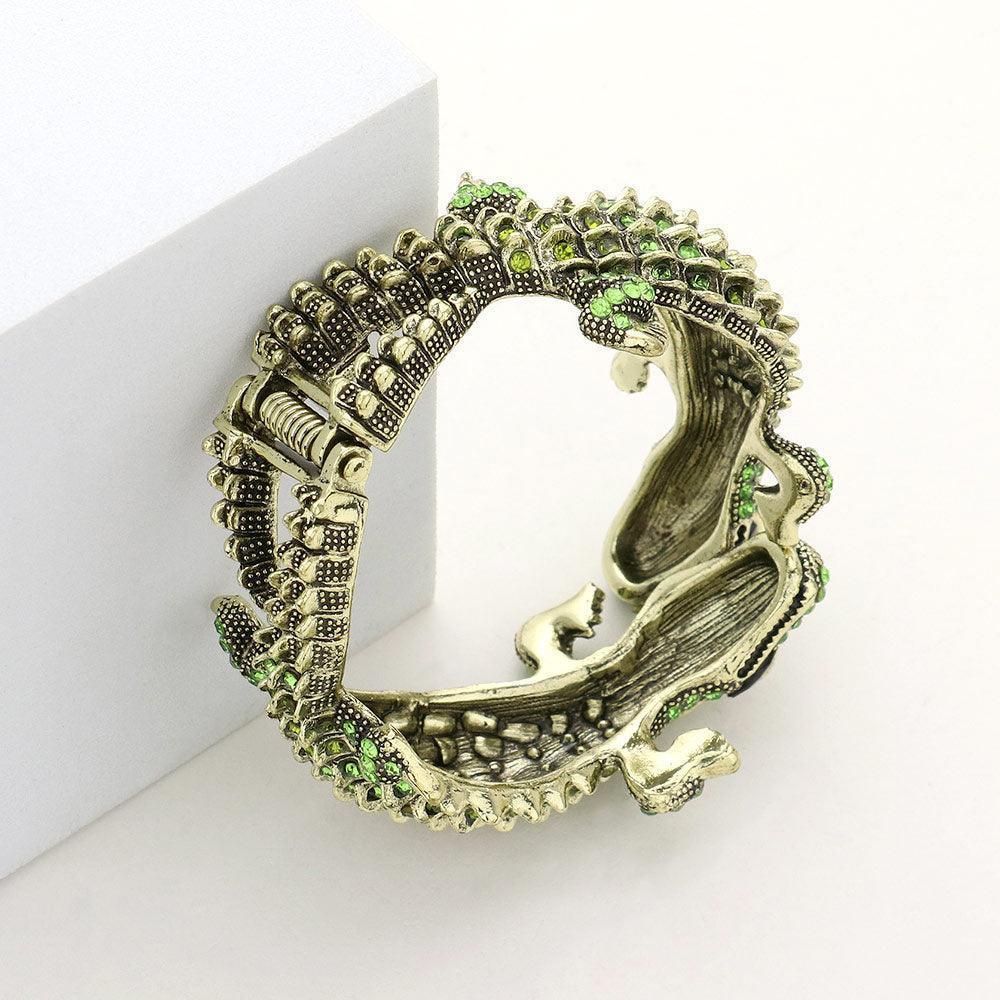 Green Crystal Rhinestone Double Crocodile/Alligator Evening Hinged Bracelet - Jewelry Store by Erik Rayo