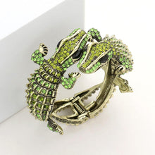 Load image into Gallery viewer, Green Crystal Rhinestone Double Crocodile/Alligator Evening Hinged Bracelet
