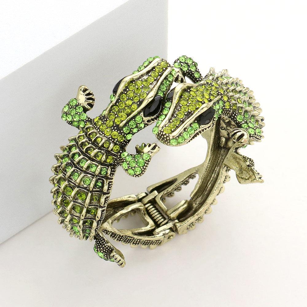 Green Crystal Rhinestone Double Crocodile/Alligator Evening Hinged Bracelet