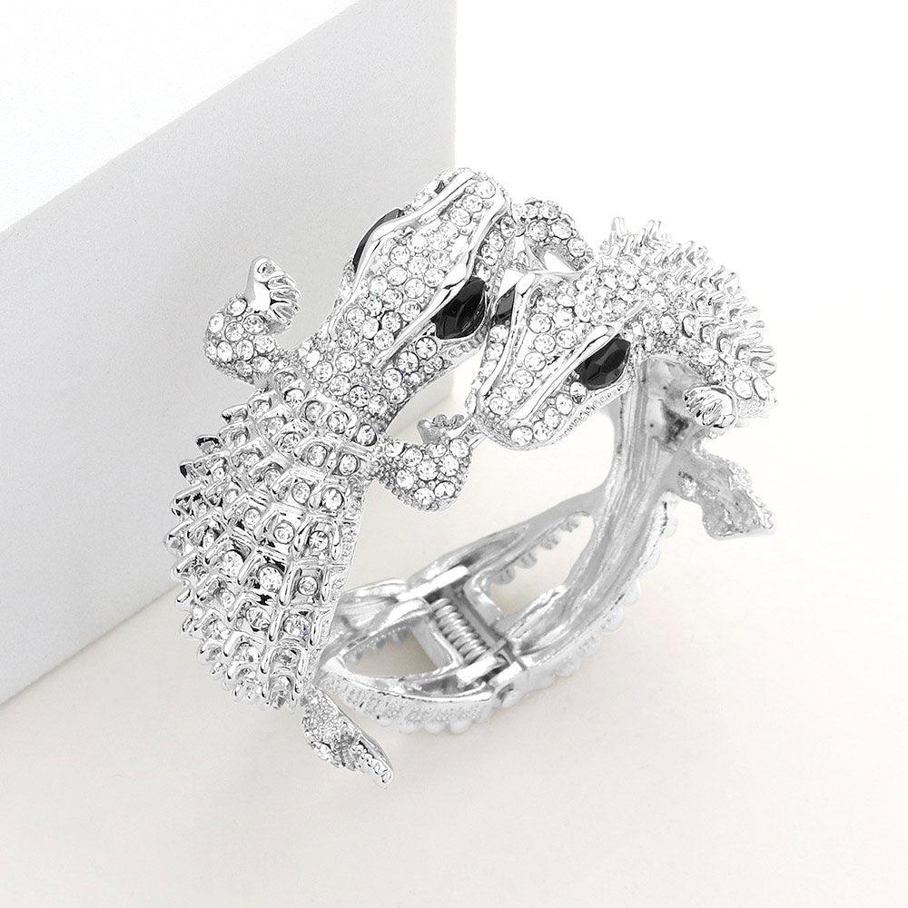 Silver Crystal Rhinestone Double Crocodile/Alligator  Evening Hinged Bracelet