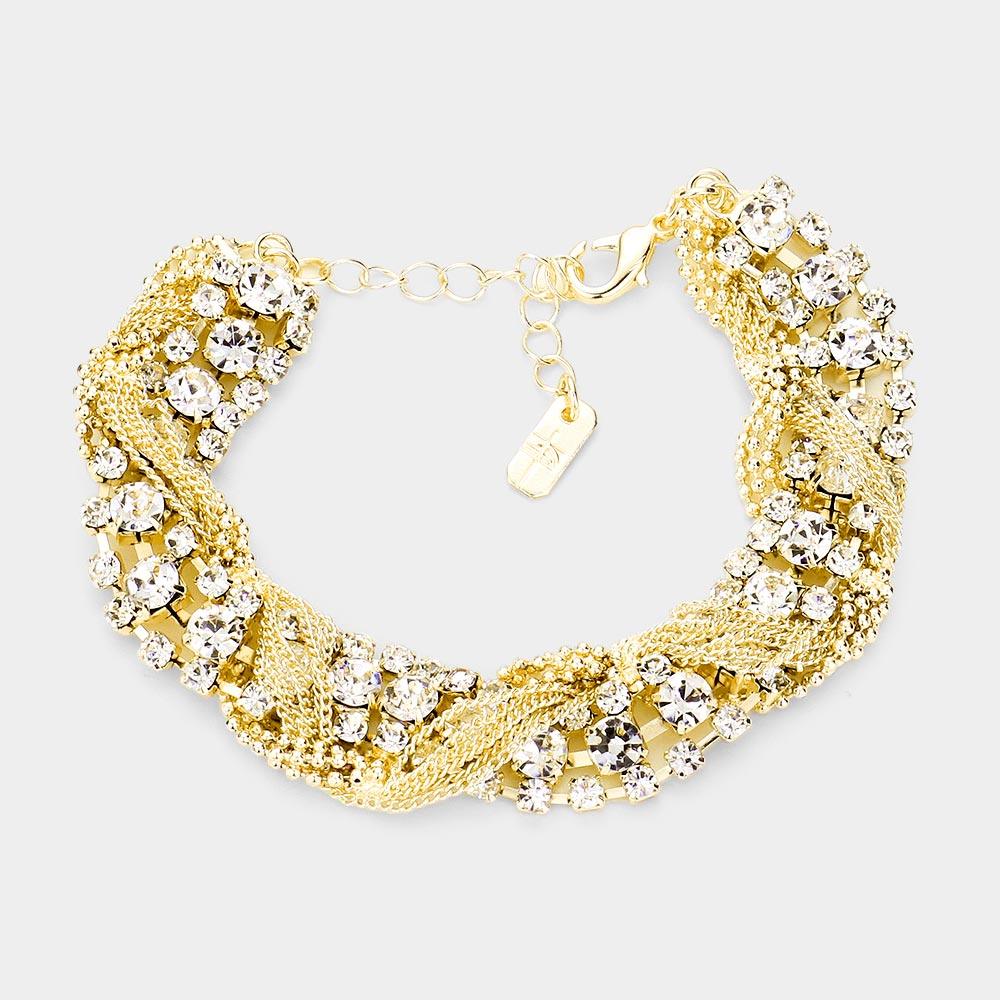 Gold Tangled Chain Crystal Rhinestone Evening Bracelet