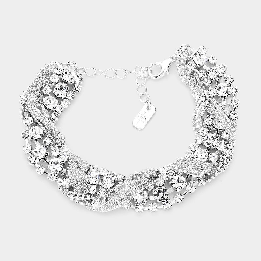 Silver Tangled Chain Crystal Rhinestone Evening Bracelet