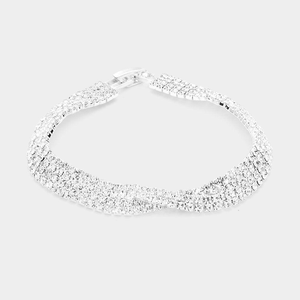 Silver Crisscross Detailed Rhinestone Pave Evening Bracelet