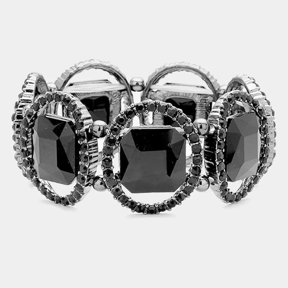 Black Pave Oval Trim Glass Crystal Stretch Evening Bracelet - Jewelry Store by Erik Rayo