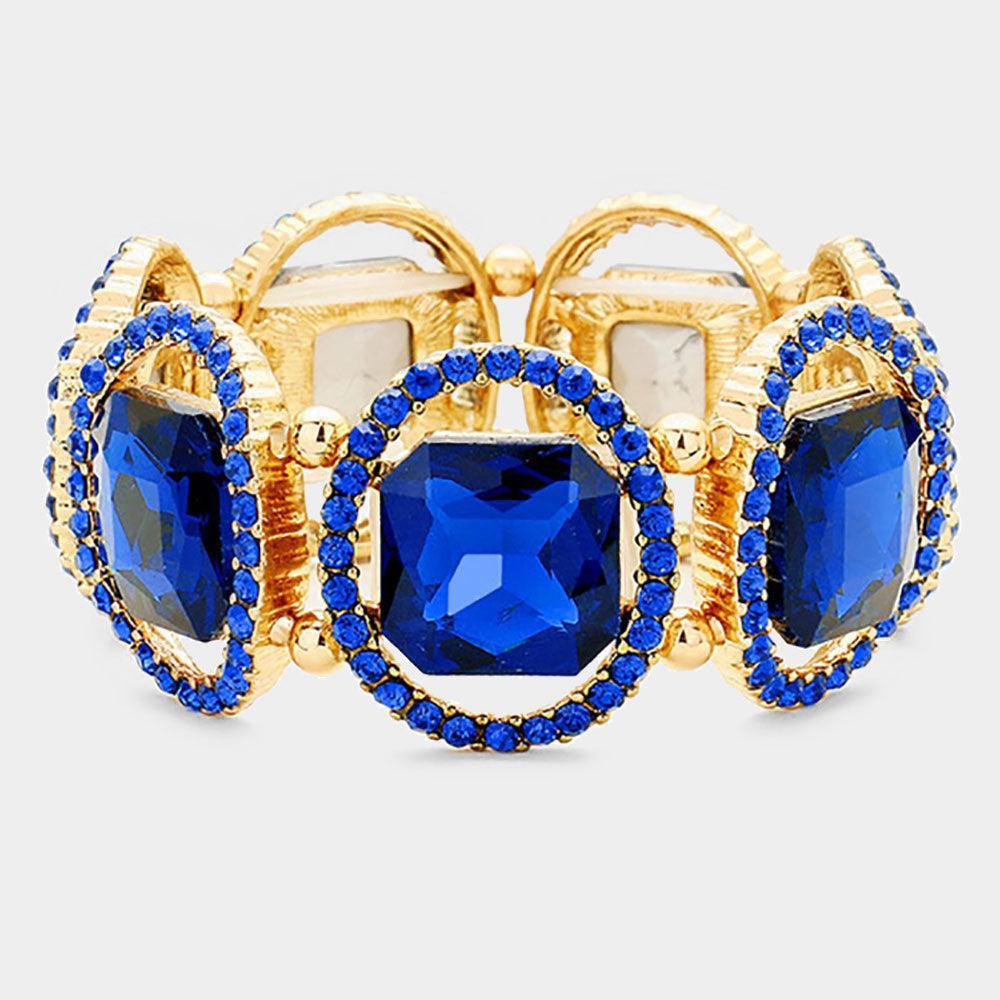 Blue Pave Oval Trim Glass Crystal Stretch Evening Bracelet - Jewelry Store by Erik Rayo