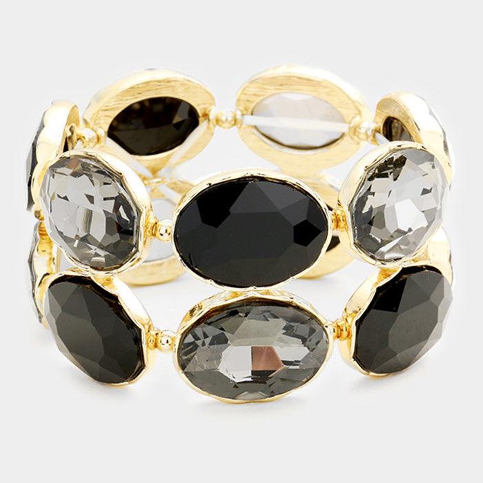 Black Oval Rhinestone Stretch Evening Bracelet