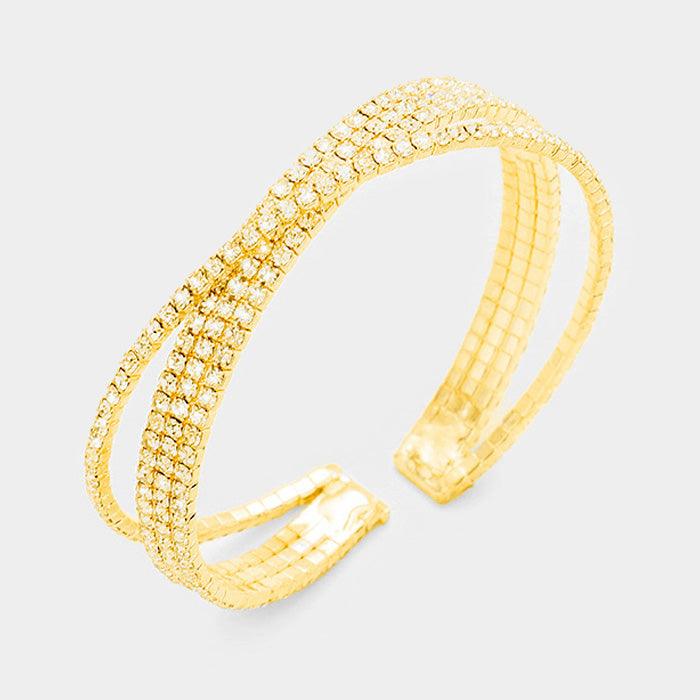 Gold Pave Crystal Rhinestone Crisscross Cuff Bracelet