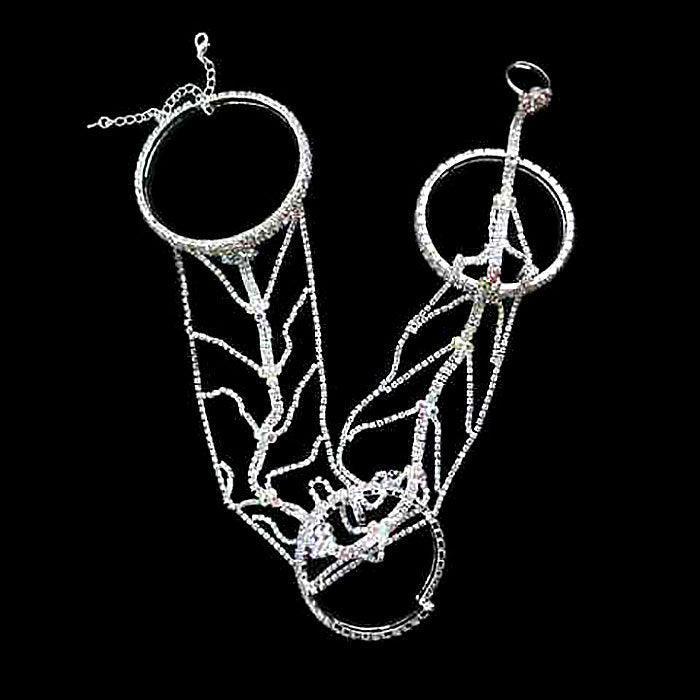 Silver Wide Crystal Rhinestone Pave Leaf Hand Chain Evening Bracelet - Jewelry Store by Erik Rayo